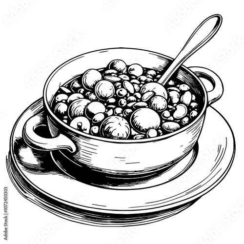 Black and white ink illustration of vegetable stew in pot