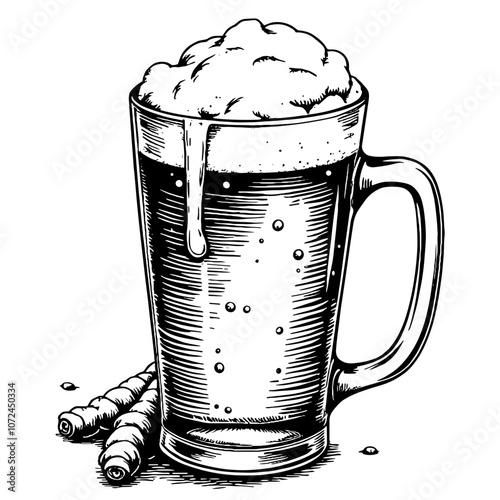 Vintage ginger ale illustration in black and white ink style