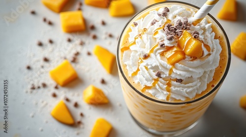 Delicious mango smoothie topped with whipped cream and chocolate sprinkles on a bright sunny day