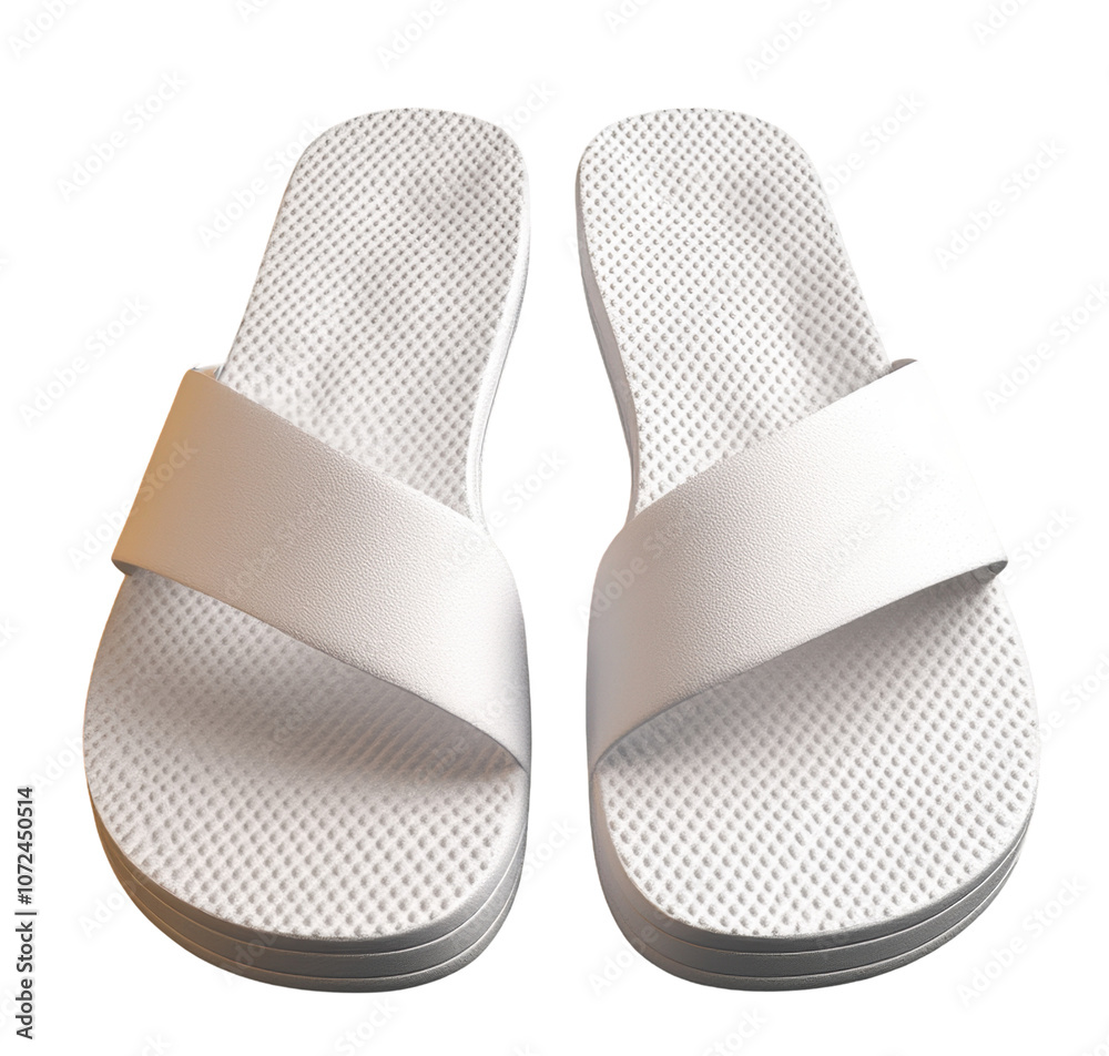 Classic white slide sandals with single strap on transparent background, minimalist design, ideal for beach or poolside scenes. Classic white slide sandals with single strap on transparent background, minimalist design, ideal for beach or poolside scenes.