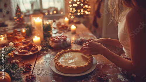 woman teenager cooking baking knead dough tart cake homemade hands preparing food kitchen christmas lights delicious tasty pastry seasonal winter celebration
