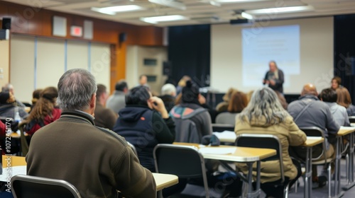 A diverse audience engaged in a presentation in a classroom setting.