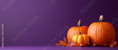 A group of three pumpkins sitting next to each other on a purple surface photo