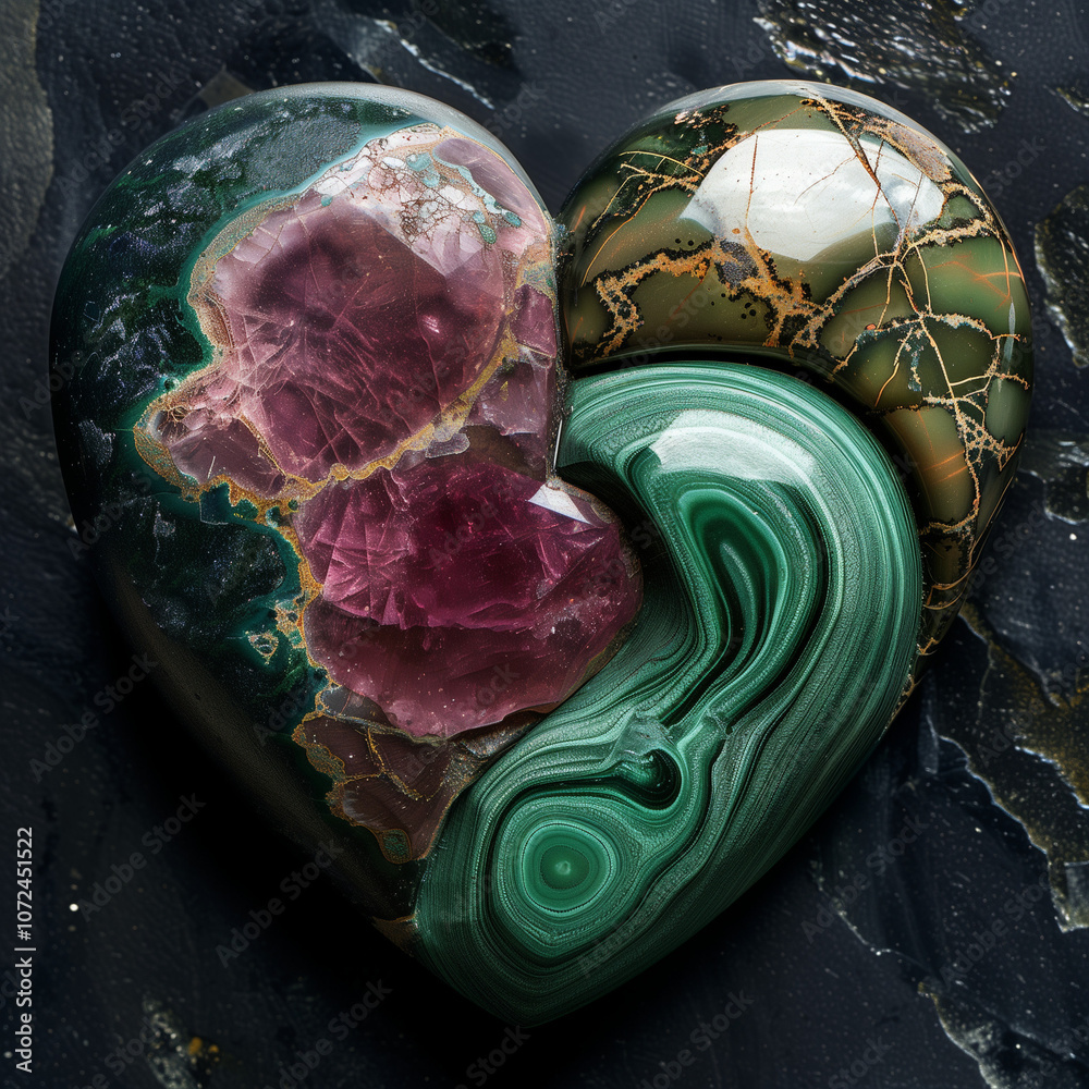 Obraz premium Red and green stone heart on black background. ruby stone and malachite are connected in the shape of a heart