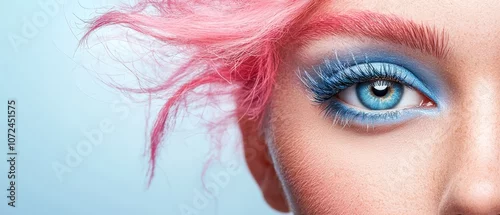 Obraz  A close up of a woman's face with pink hair and blue eyes