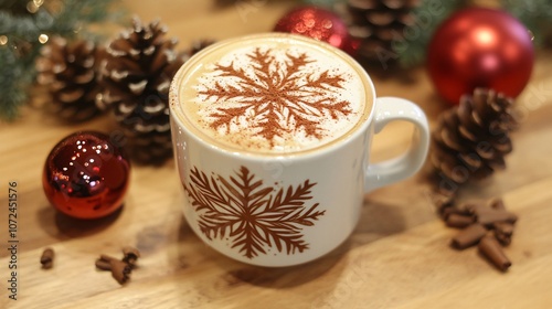 A festive cup of coffee with a snowflake design, surrounded by holiday ornaments and pinecones, perfect for winter celebrations.