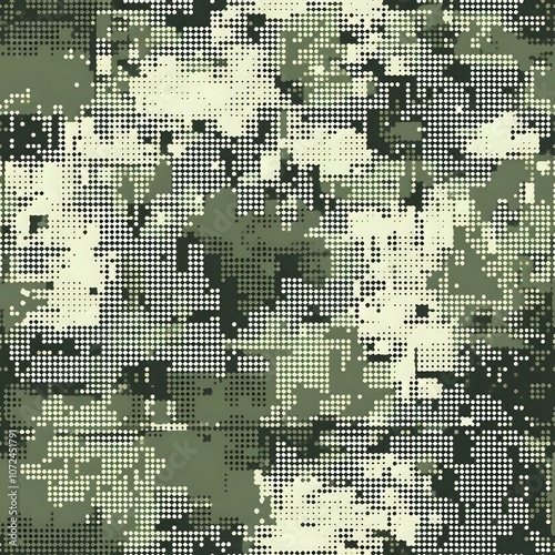 Seamless digital camouflage pattern in green tones, ideal for military, outdoor gear, tactical designs, or backgrounds requiring a rugged aesthetic.