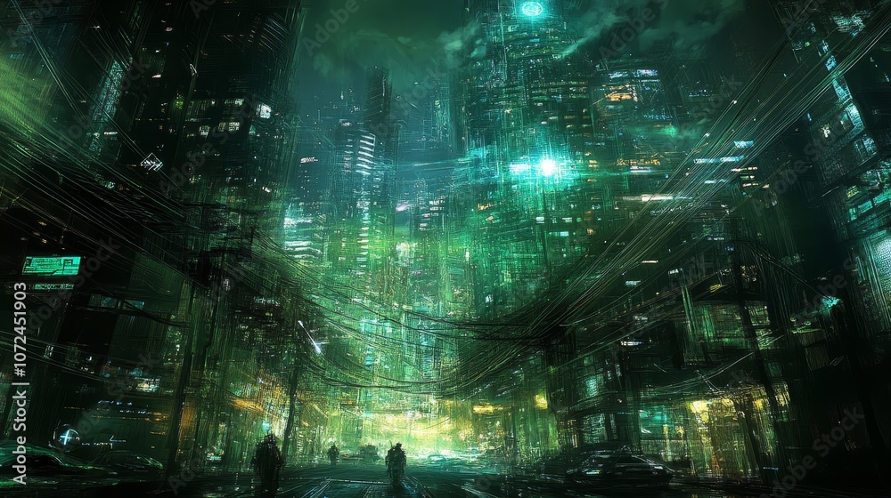 A futuristic cityscape illuminated by green light, showcasing towering skyscrapers and vibrant energy. A futuristic cityscape illuminated by green light, showcasing towering skyscrapers and vibrant energy.