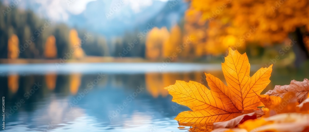 A yellow maple leaf floating on top of a lake surrounded by trees