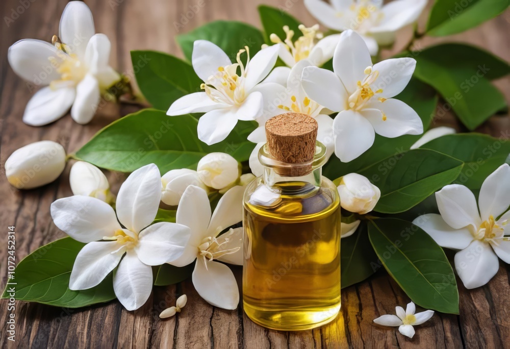 A bottle of jasmine essential oil with flowers in the background A bottle of jasmine essential oil with flowers in the background