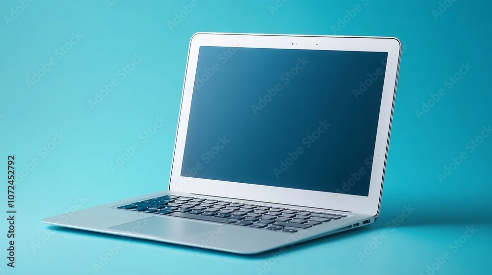 A sleek, modern laptop sits on a turquoise background, showcasing its minimalist design and empty screen, ideal for technology enthusiasts. A sleek, modern laptop sits on a turquoise background, showcasing its minimalist design and empty screen, ideal for technology enthusiasts.
