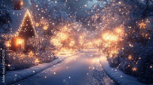 A serene winter scene with a cozy cottage, glowing lights, and softly falling snow, creating a magical, festive atmosphere.