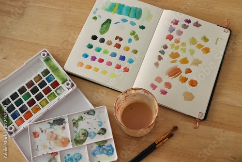Artistic Workspace with Portable Watercolor Set, Colorful Swatch Testing, and Rinse Cup on Wooden Table