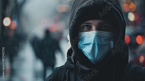 Close-up of a person in a surgical mask and hoodie on a hazy city street, highlighting themes of air pollution and urban health concerns. 