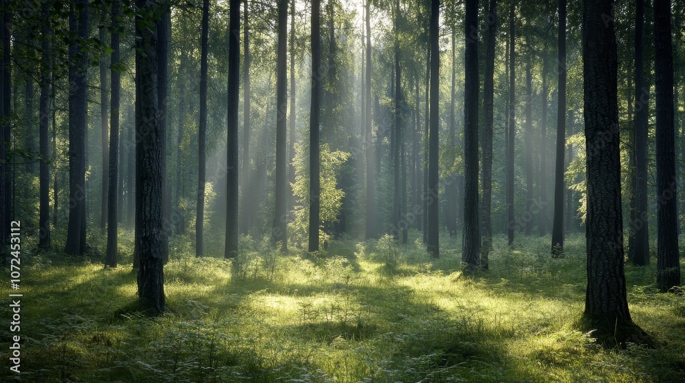 Fototapeta premium A serene forest scene with sunlight filtering through tall tree, illuminating lush greenery.