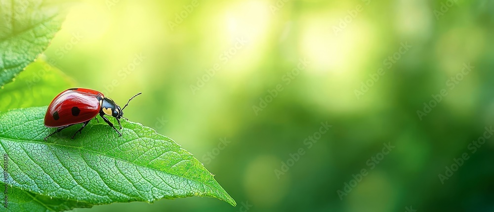 A red ladybug sitting on a green leaf A red ladybug sitting on a green leaf