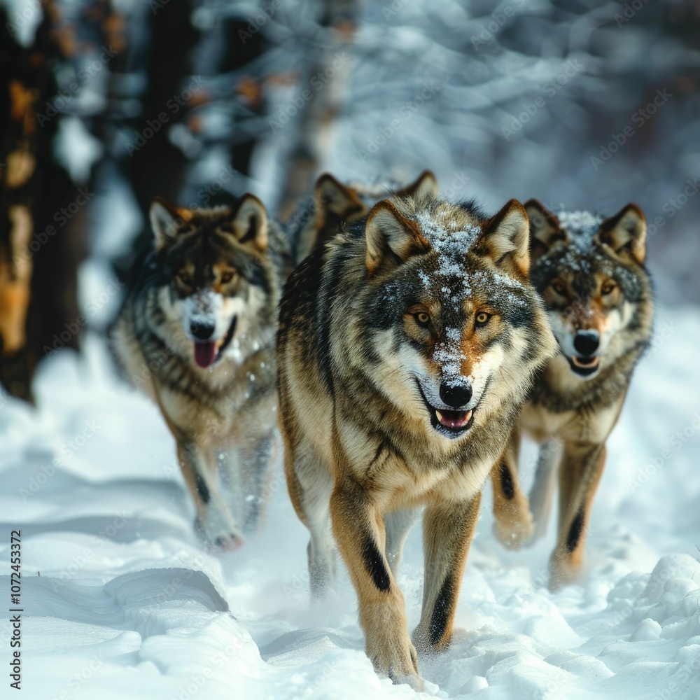 A pack of wolves running through snowy terrain in a serene winter landscape. A pack of wolves running through snowy terrain in a serene winter landscape.