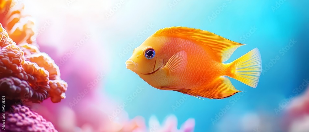 A yellow fish swimming in an aquarium next to a coral A yellow fish swimming in an aquarium next to a coral