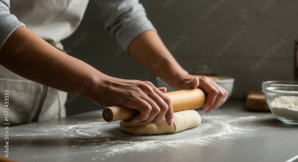 Home baker rolling dough in modern kitchen Home baker rolling dough in modern kitchen