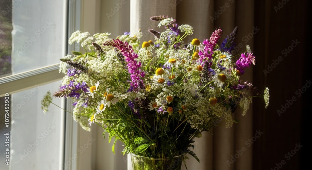 Fototapeta premium Sunny window display of vibrant wildflowers bouquet indoors