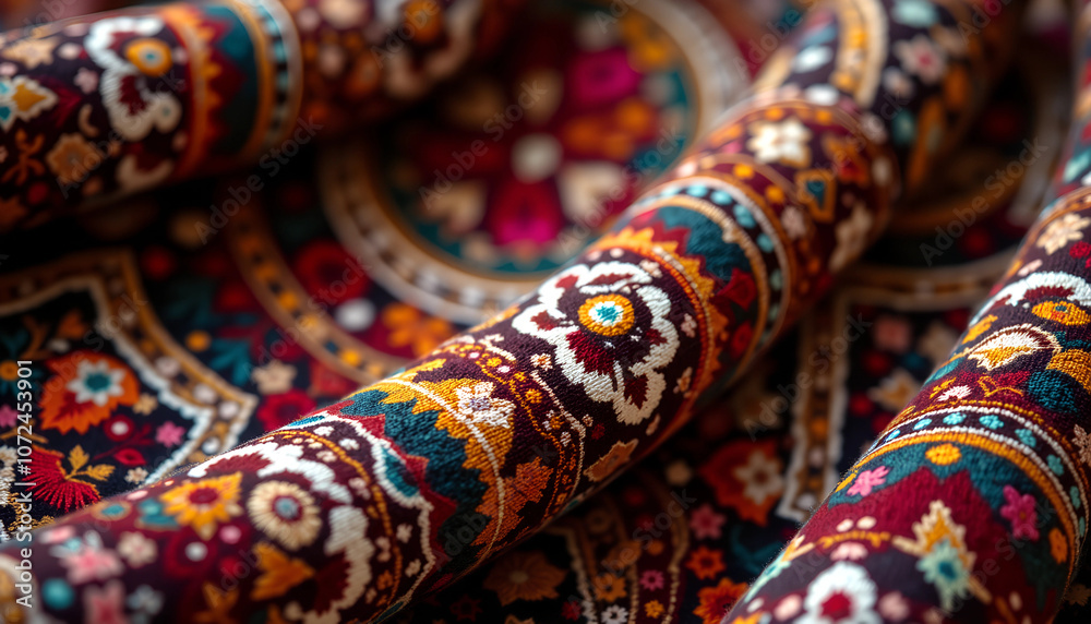Intricate patterns and vibrant colors of handwoven textiles displayed in a cozy artisan shop during the afternoon Intricate patterns and vibrant colors of handwoven textiles displayed in a cozy artisan shop during the afternoon