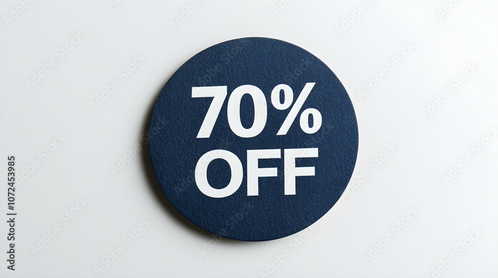 White '70% OFF' Text on a Navy Blue Round Paper Note. White Background with Copy Space White '70% OFF' Text on a Navy Blue Round Paper Note. White Background with Copy Space
