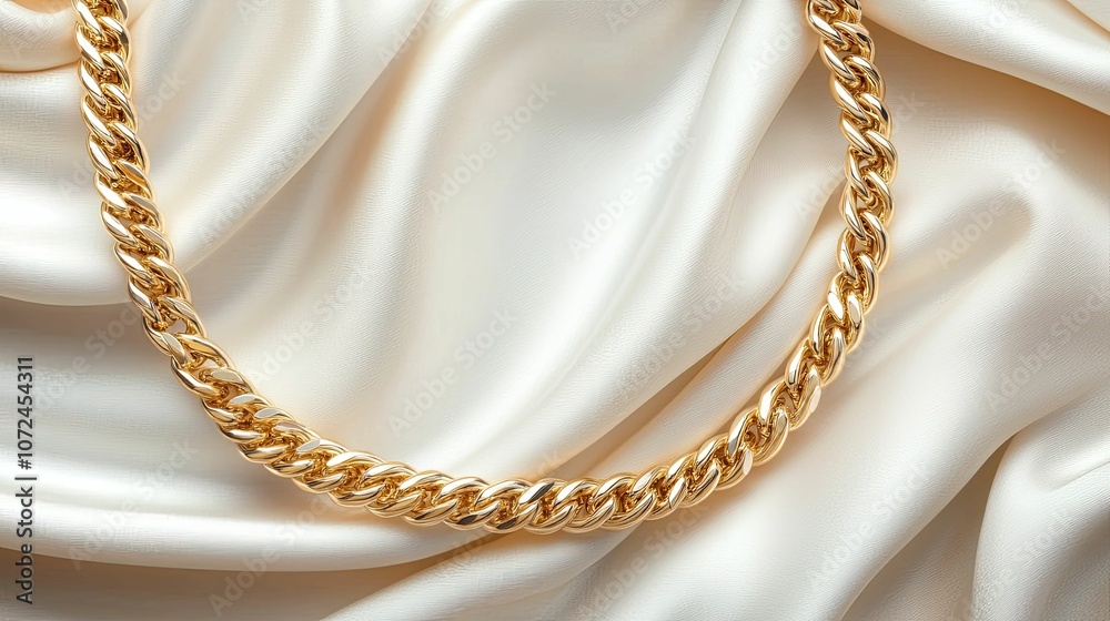 A shimmering gold chain rests elegantly on soft, draped silk fabric, highlighting its intricate design and luxurious sheen. A shimmering gold chain rests elegantly on soft, draped silk fabric, highlighting its intricate design and luxurious sheen.
