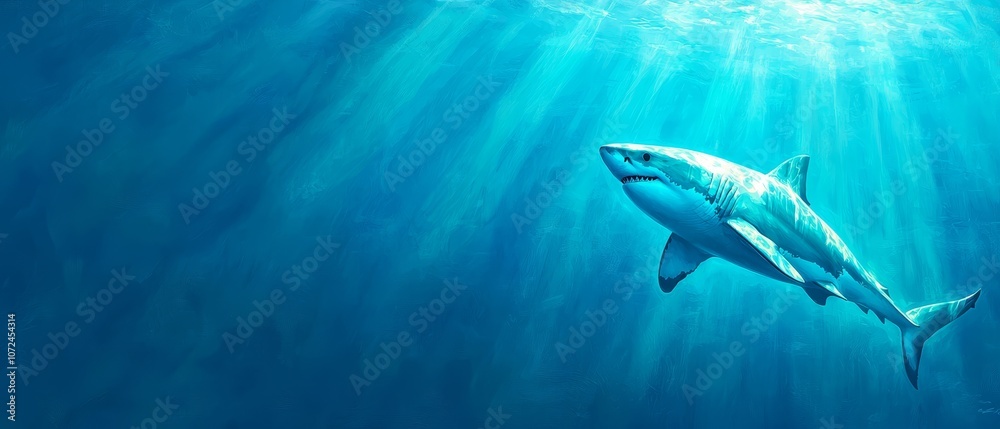 Obraz premium A great white shark swimming in the ocean with sunbeams shining through the water