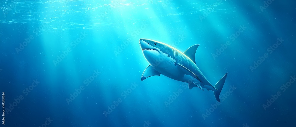 Fototapeta premium A shark swimming in the ocean with sunbeams shining through the water