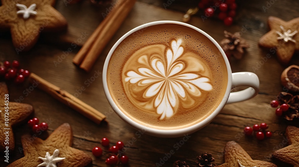 A beautifully crafted latte art sits in a white cup, surrounded by festive gingerbread cookies, cinnamon sticks, and pinecones, evoking a cozy winter atmosphere.