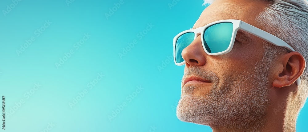 A man wearing a pair of white sunglasses against a blue sky