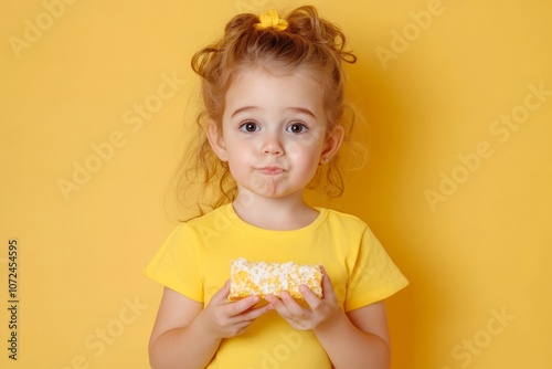 A young child holds a sugary dessert, emphasizing the link between sugary diets and childhood obesity. photo