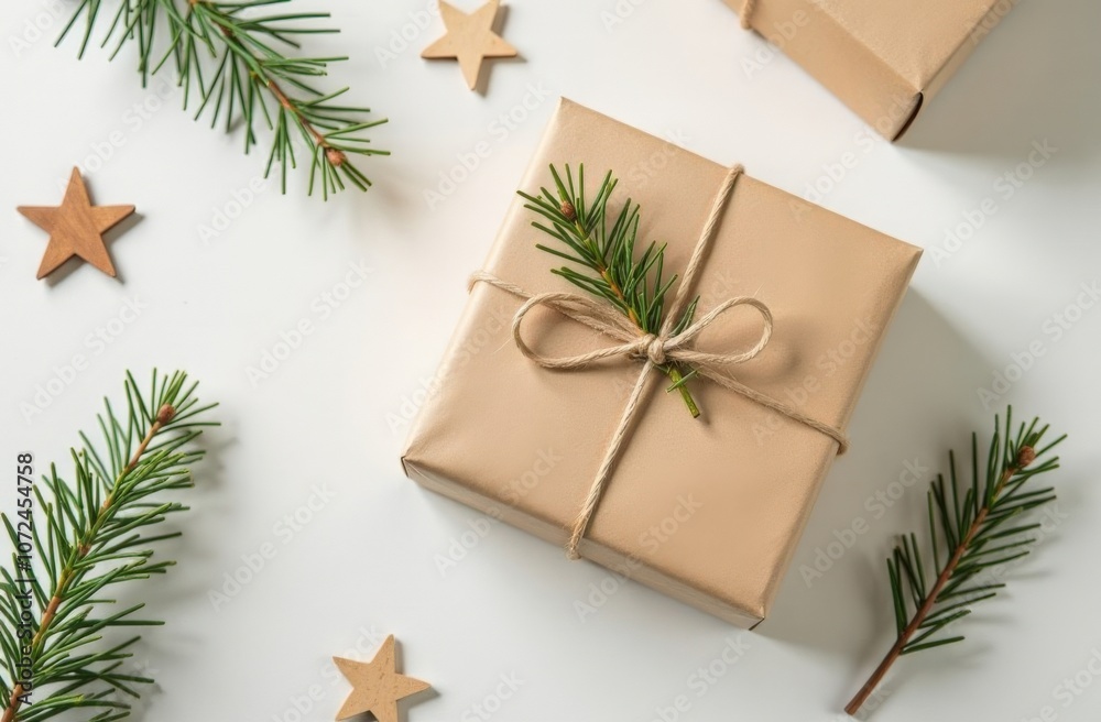Top view: gift box wrapped in craft wrapping paper among minimalist New Year decorations: fir branches and wooden stars. New Year and Christmas atmosphere. Concept of Christmas gifts and online shoppi Top view: gift box wrapped in craft wrapping paper among minimalist New Year decorations: fir branches and wooden stars. New Year and Christmas atmosphere. Concept of Christmas gifts and online shoppi