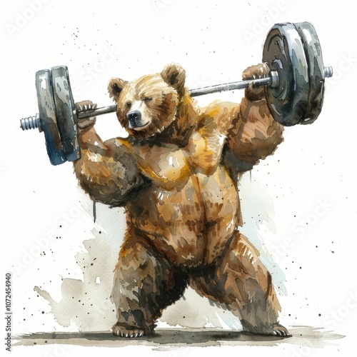 A strong bear lifting weights, showcasing strength and determination in a playful manner. photo