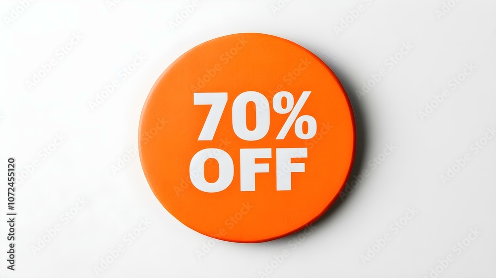 White '70% OFF' Text on a Orange Round Paper Note. White Background with Copy Space White '70% OFF' Text on a Orange Round Paper Note. White Background with Copy Space