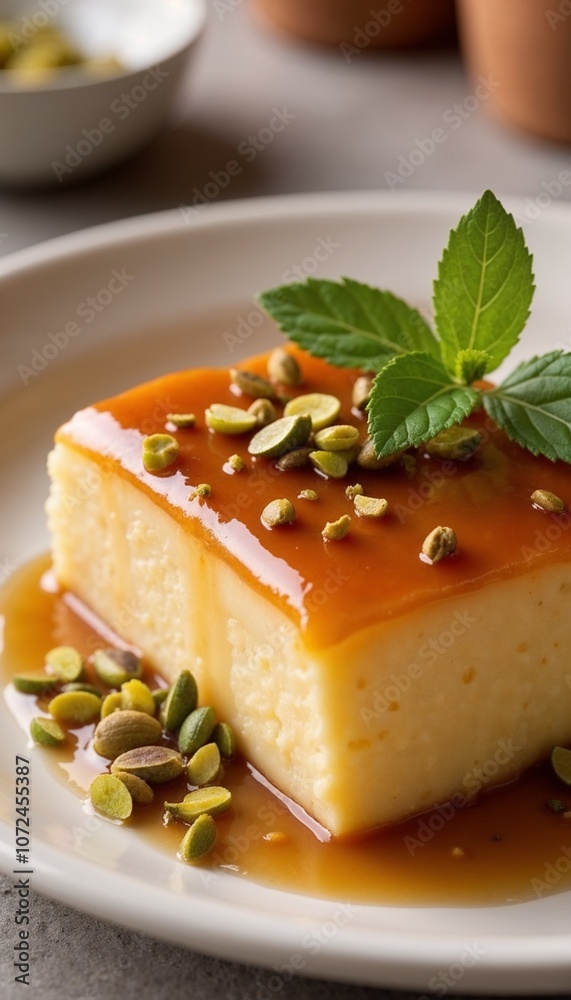Caramel flan with pistachio crust adding crunch to creamy dessert on plate Caramel flan with pistachio crust adding crunch to creamy dessert on plate