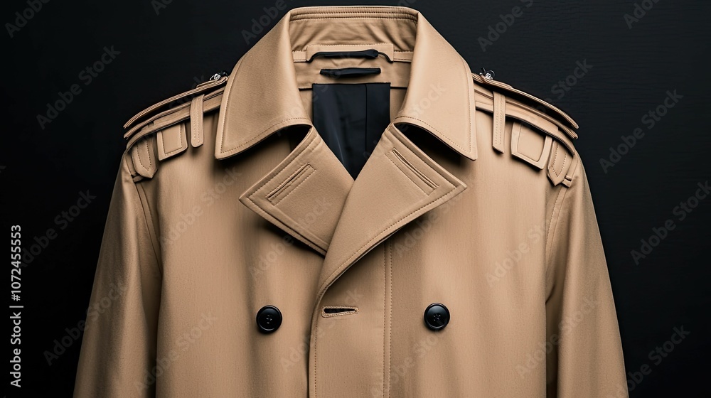 A stylish beige trench coat with a double-breasted design and detailed shoulder epaulettes, hanging against a dark background. A stylish beige trench coat with a double-breasted design and detailed shoulder epaulettes, hanging against a dark background.