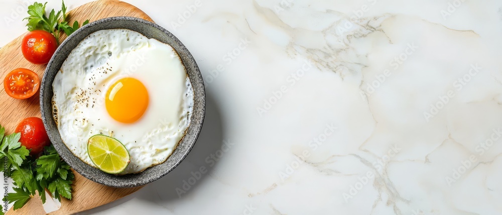 A bowl of fried eggs with tomatoes and parsley on a cutting board A bowl of fried eggs with tomatoes and parsley on a cutting board