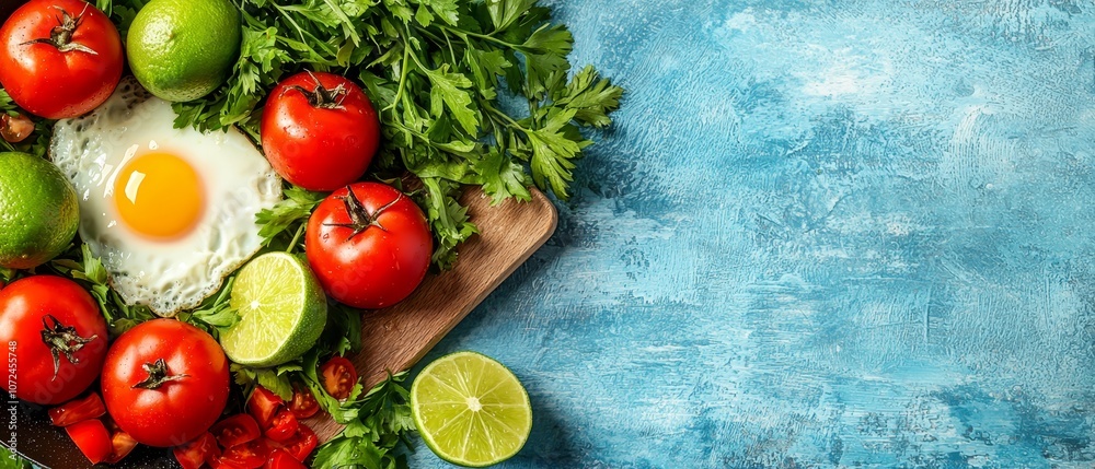 A wooden cutting board topped with tomatoes, limes and a fried egg