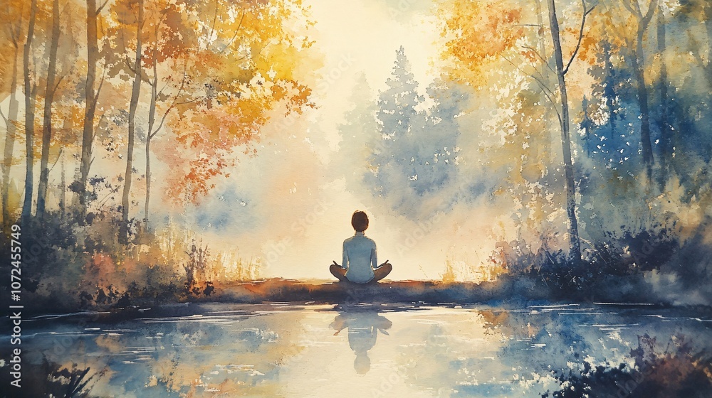 Tranquil Meditation by the Lake in Autumn, Surrounded by Vibrant Fall Colors and Reflective Water, Ideal for Relaxation and Mindfulness Themes Tranquil Meditation by the Lake in Autumn, Surrounded by Vibrant Fall Colors and Reflective Water, Ideal for Relaxation and Mindfulness Themes