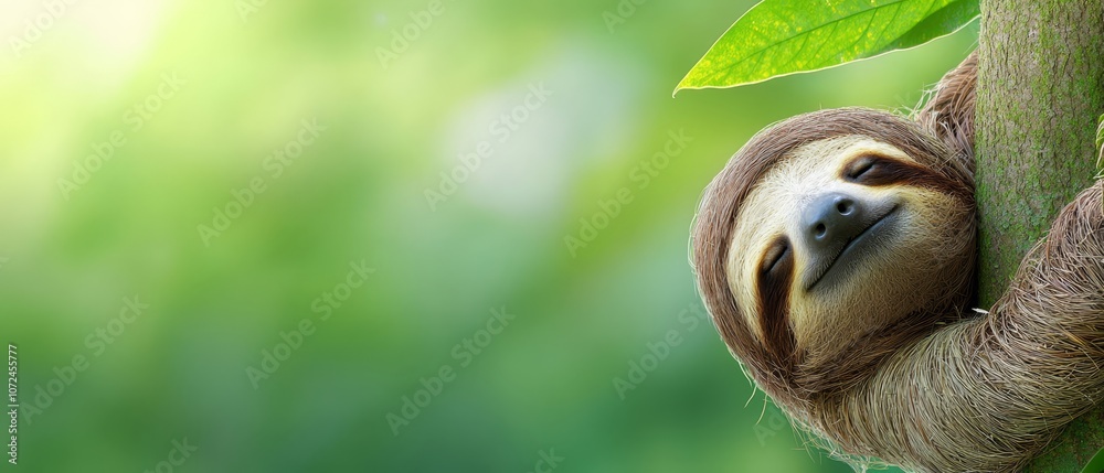 Obraz premium A sloth sleeping on a tree branch with its eyes closed