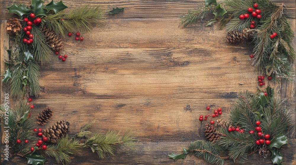 Rustic Wood Background with Pine Sprigs, Holly, Red Berries, and Pinecones for Natural Holiday Decoration Rustic Wood Background with Pine Sprigs, Holly, Red Berries, and Pinecones for Natural Holiday Decoration