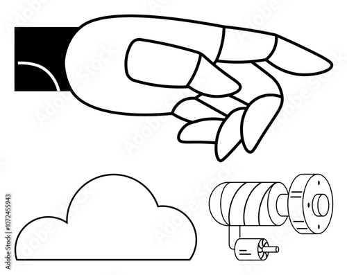 Robotic hand reaching forward, cloud icon below, and cylindrical camera on the side. Ideal for AI concepts, cloud computing, surveillance, robotics, technology, innovation and futuristic designs