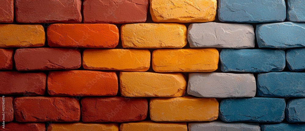 Fototapeta premium A colorful brick wall is shown in a variety of colors