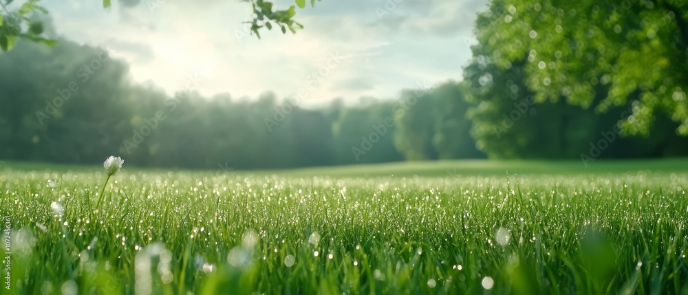 Fototapeta premium A field of green grass with water droplets on it