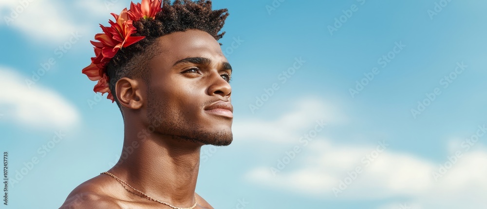 A man with a flower in his hair A man with a flower in his hair