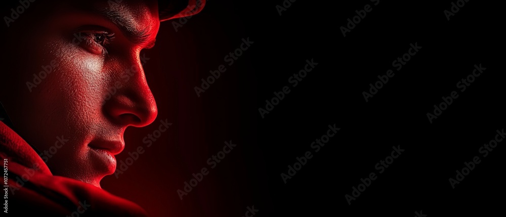 A man in a red hoodie looking away from the camera A man in a red hoodie looking away from the camera