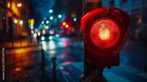 Red Lamp in Street for Caution at Night photo