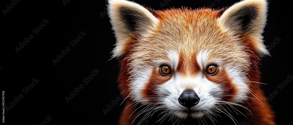  A close up of a red panda's face on a black background