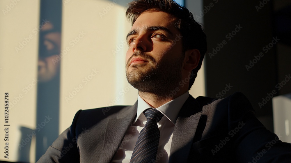 Thoughtful Man in a Suit, Sunlit Portrait Thoughtful Man in a Suit, Sunlit Portrait